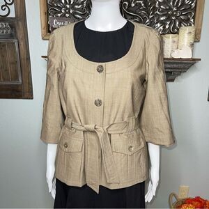 Trina Turk Beige Wool Button Closure Scoopneck Belted Blazer